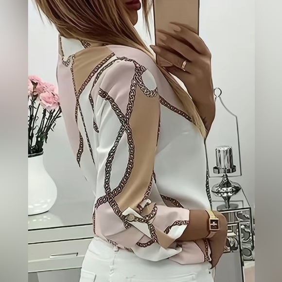 Plus Size Pink Colorblock Chain Print Button Up Roll Up Sleeve - Picture 9 of 11